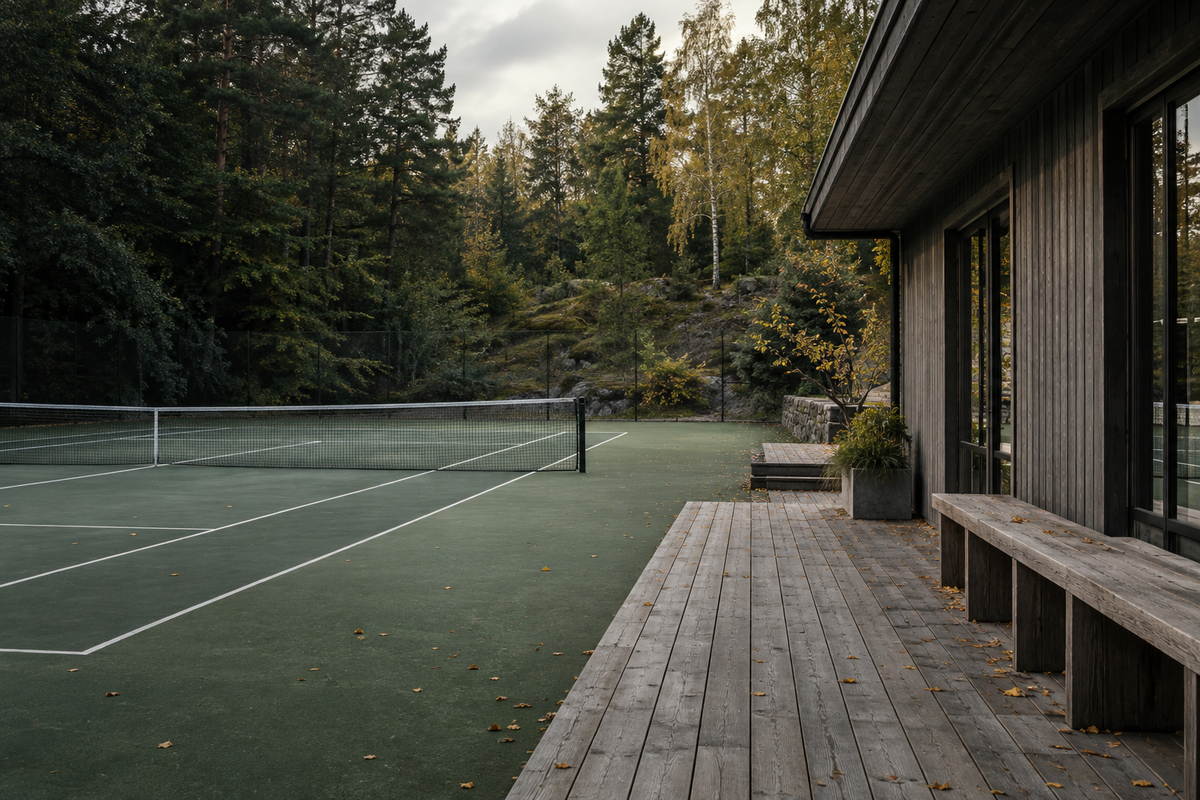 An imagined Nordic tennis clubhouse in autumn