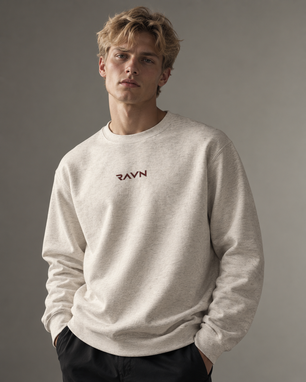 Man wearing the Sky Crewneck in oatmeal heather