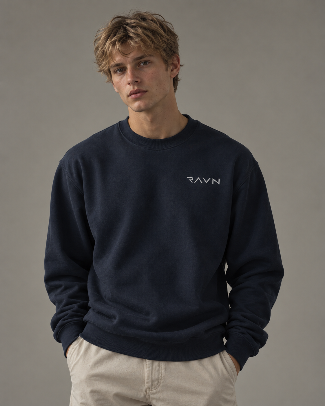 Man wearing the Beck Crewneck in navy