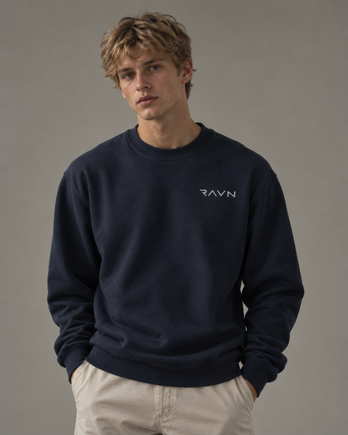 Man wearing the Beck Crewneck in navy