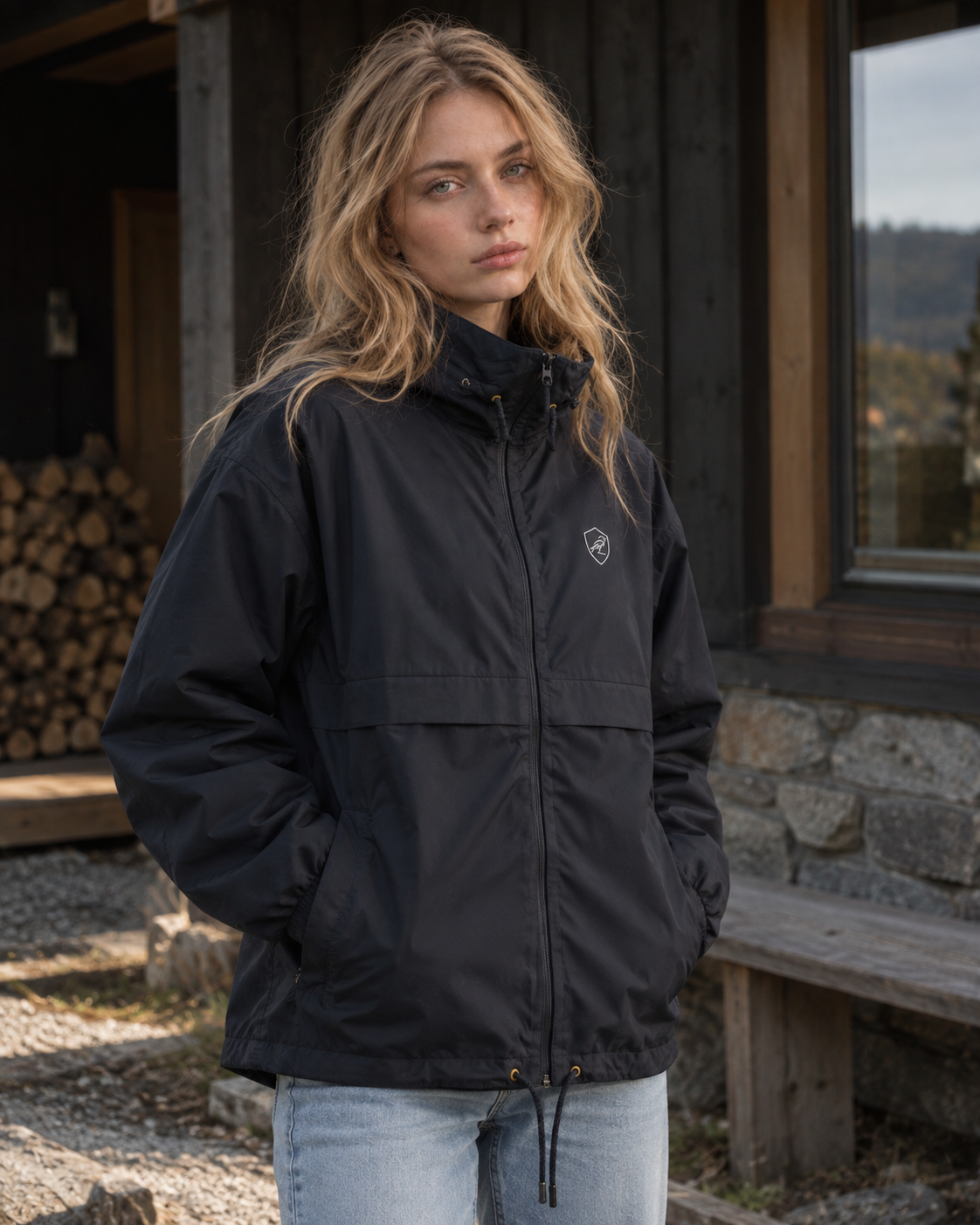 Woman wearing the Gust Windbreaker in navy
