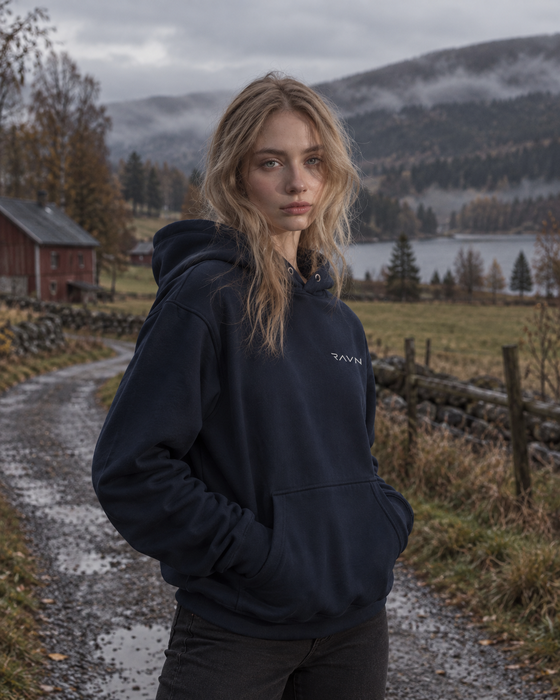 Female model wearing Ravn Nordic navy sweatwear in an autumn landscape
