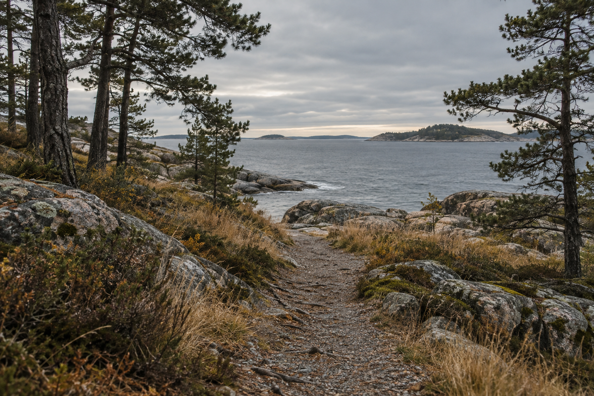 Pine-lined path leading to a quiet Nordic coast