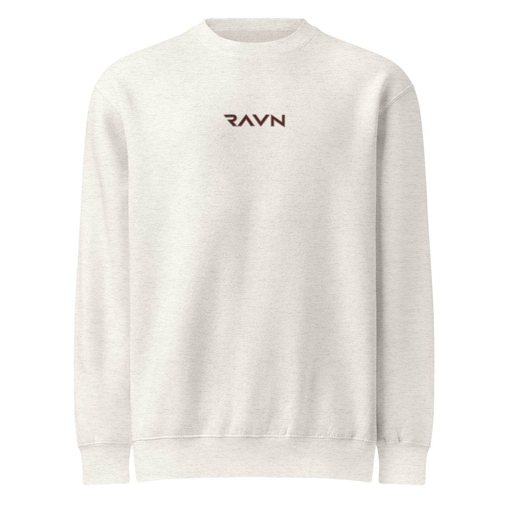 Sky Crewneck in oatmeal heather with deep red RAVN wordmark, front view