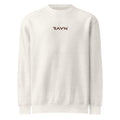 Sky Crewneck in oatmeal heather with deep red RAVN wordmark, front view