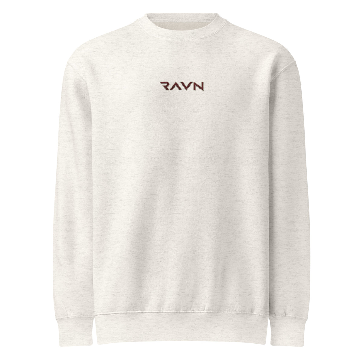 Sky Crewneck in oatmeal heather with deep red RAVN wordmark, front view